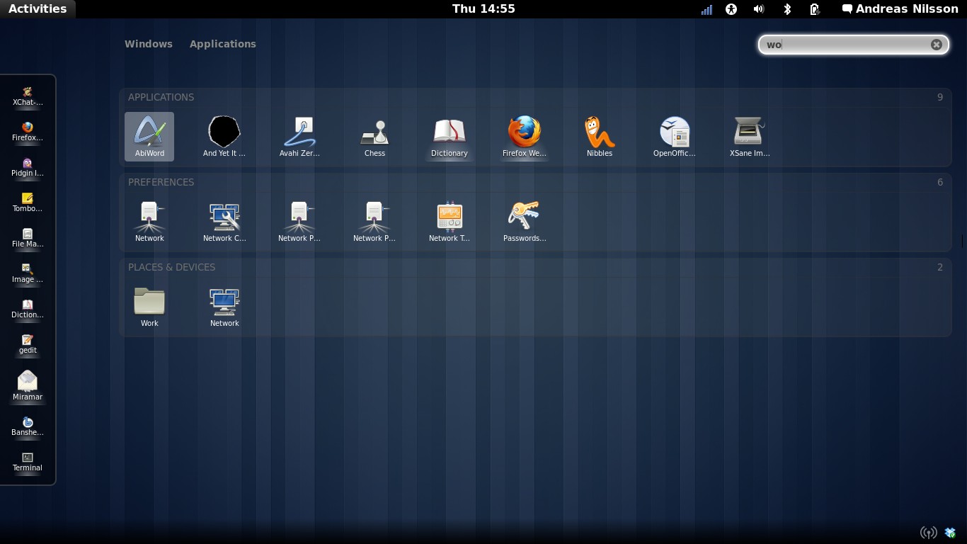 GNOME – unique setup with a sidebar, and “activities” at the top-left corner (I use this one)