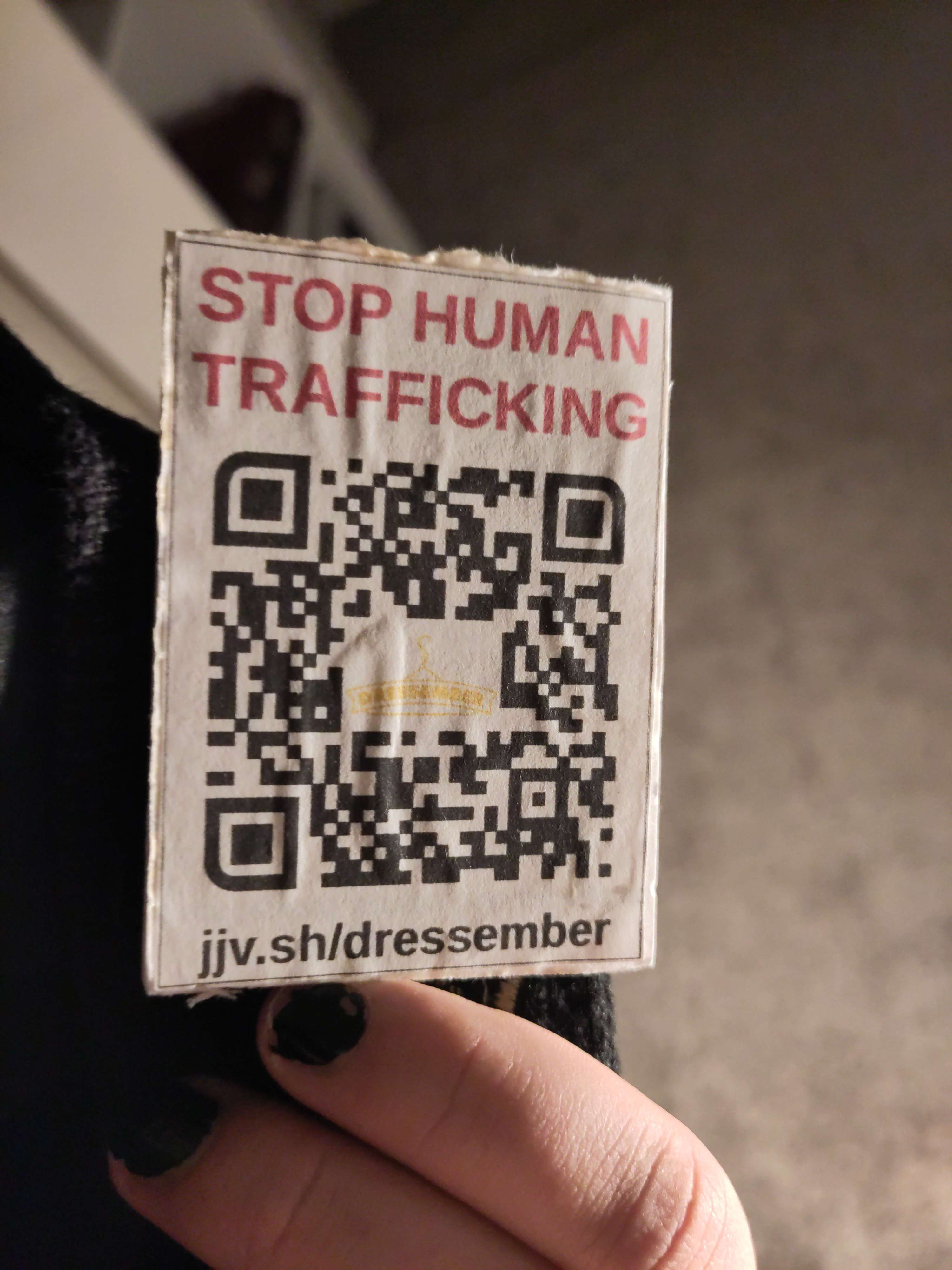 a qr code labelled &ldquo;Stop Human Trafficking&rdquo; linking to the donation page jjv.sh/dressember