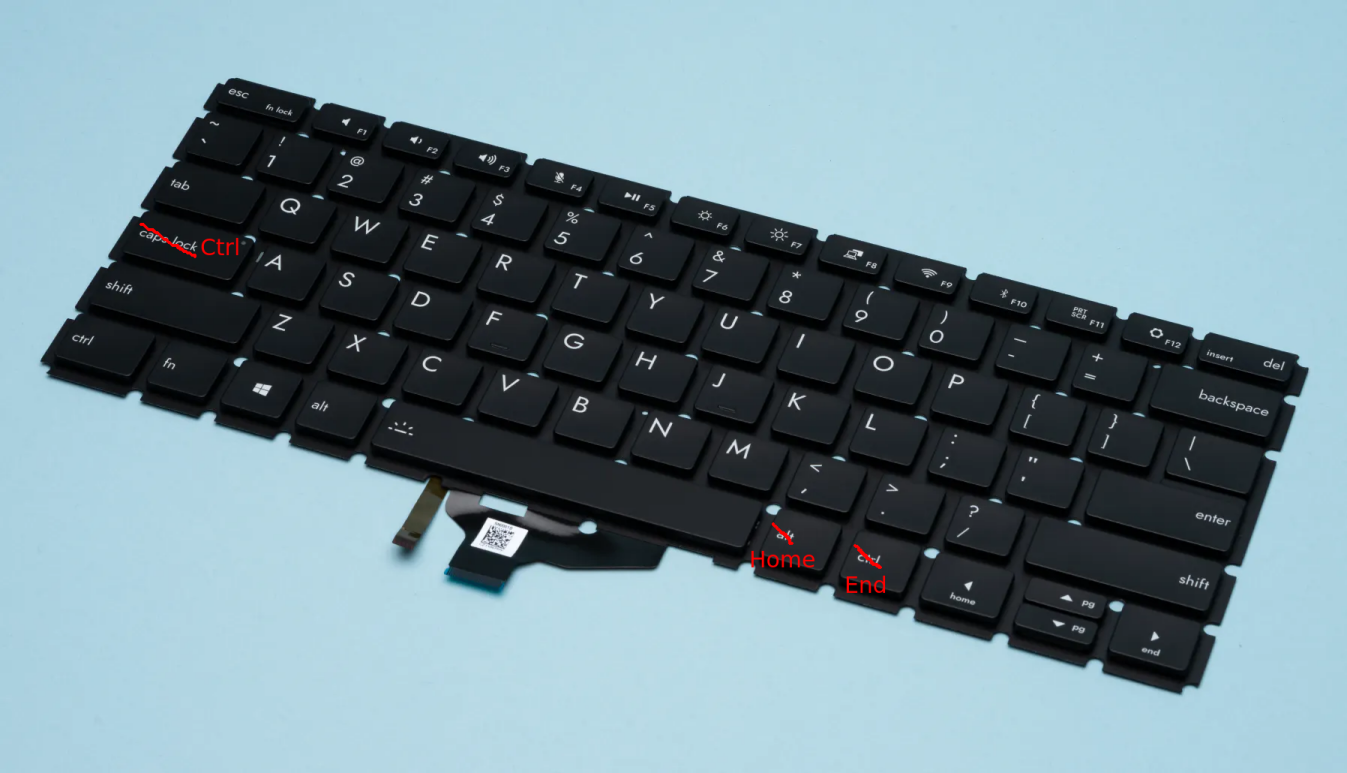 keyboard with remapped keys labelled