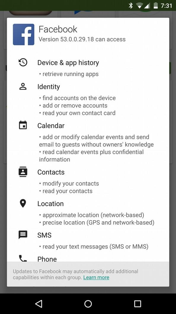 Figure 1: The Facebook Android app requires a ton of permissions